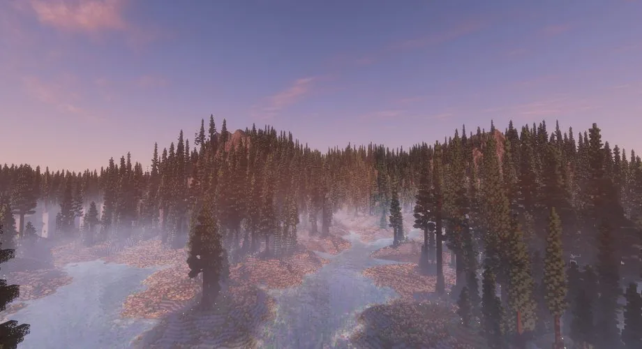 Tall trees and forested islands rising from the water in Olzhar