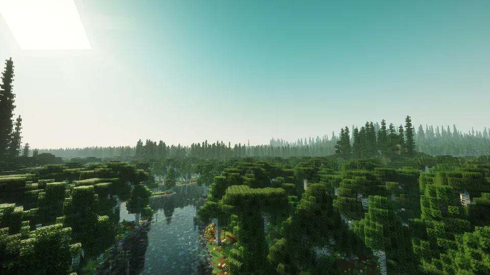 A view over a river and a broad green forest canopy beneath a bright sky